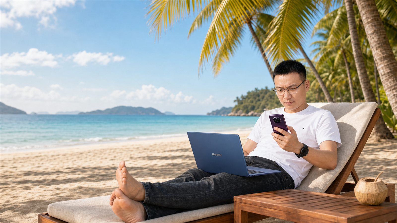 冯文佳在海南海边使用电脑和手机